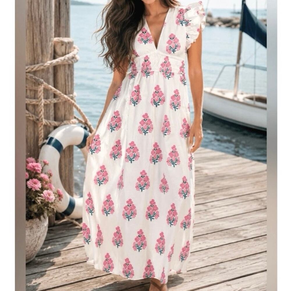 Sail to Sable White Pink Hydrangea Flutter Sleeve Cotton Maxi Dress Floral L NWT